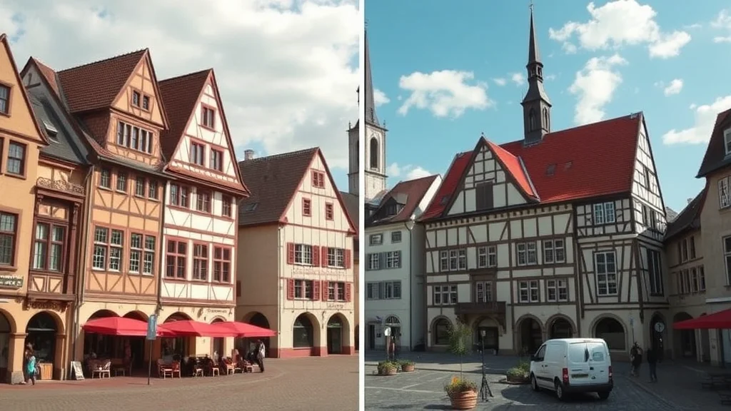 Historische Fachwerkhäuser um einen Stadtplatz; links Café mit roten Sonnenschirmen, rechts Kirchturm und Van.