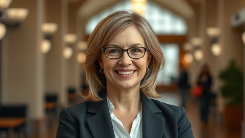 Lächelnde Frau mit Brille in Business-Blazer vor heller Lobby.