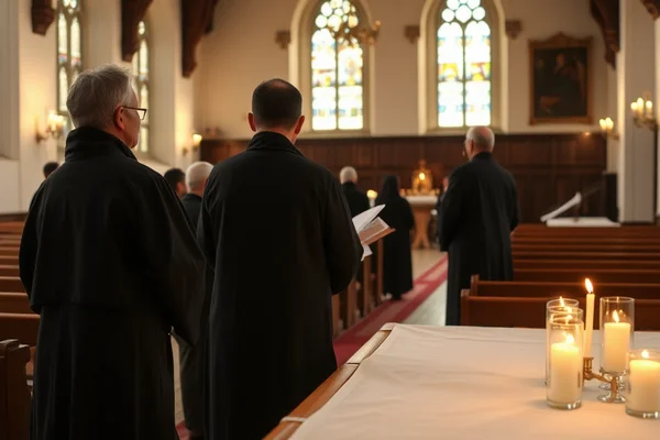 Innenansicht einer Kirche: Mönche in schwarzen Kutten stehen, bunte Glasfenster im Hintergrund, Kerzen auf einem Tisch im Vordergrund.