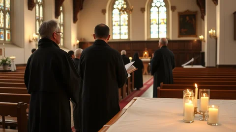 Innenansicht einer Kirche: Mönche in schwarzen Kutten stehen, bunte Glasfenster im Hintergrund, Kerzen auf einem Tisch im Vordergrund.