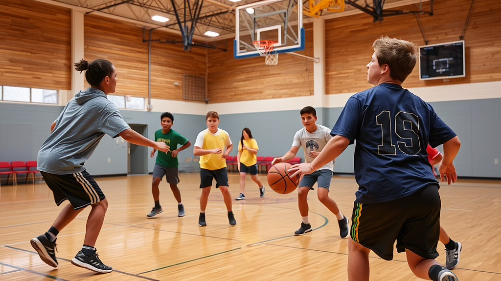 Jugendliche spielen Basketball in einer Sporthalle; Spieler mit Nummer 19 im blauen Shirt dribbelt, andere verteidigen.