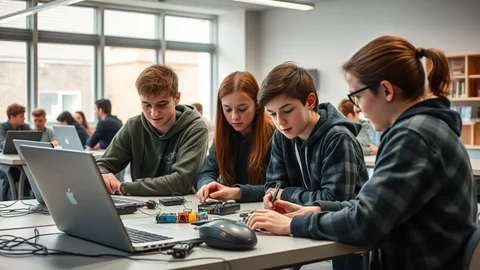 Gruppe Jugendlicher arbeitet in einem Klassenraum gemeinsam an Laptops, Kabeln und Elektronikbauteilen.