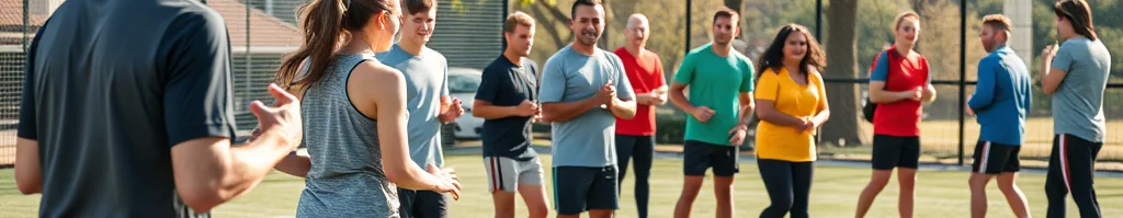 Gruppe sportlich bekleideter Menschen macht Aufwärm oder Laufübungen auf einem grünen Sportplatz; Zaun und Bäume im Hintergrund