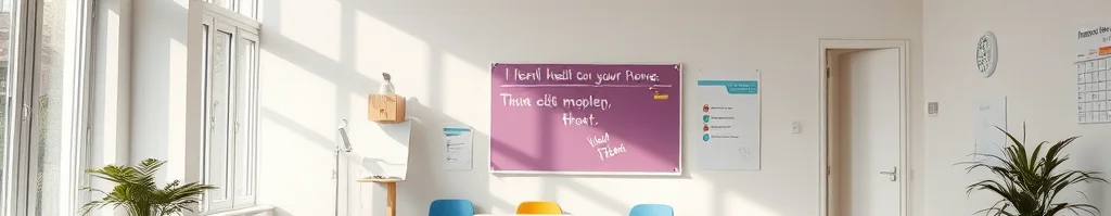 Heller Lernraum mit Fenstern links, bunte Stühle um einen Tisch, lilafarbene Tafel an der Wand, Pflanzen und Tür rechts.