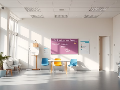 Heller Lernraum mit Fenstern links, bunte Stühle um einen Tisch; lilafarbene Tafel an der Wand, Pflanzen, Tür rechts.