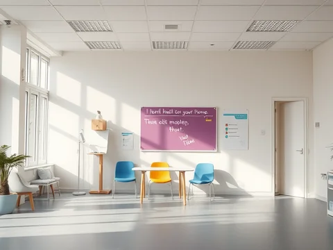 Heller Lernraum mit Fenstern links, bunte Stühle um einen Tisch; lilafarbene Tafel an der Wand, Pflanzen, Tür rechts.