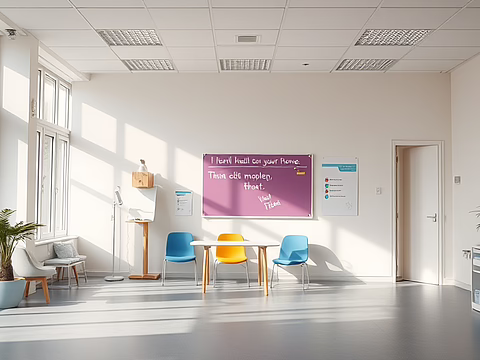 Heller Lernraum mit Fenstern links, bunte Stühle um einen Tisch; lilafarbene Tafel an der Wand, Pflanzen, Tür rechts.