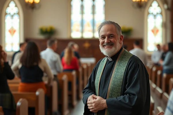 Pfarrer mit grüner Stola vor der Kirchengemeinde, lächelnd in einer Kirche mit Holzbänken und bunten Glasfenstern.