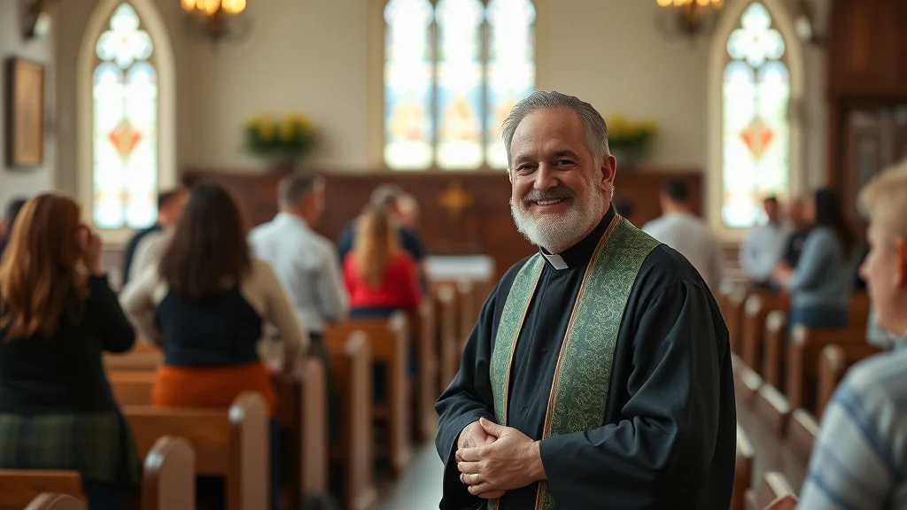 Pfarrer mit grüner Stola lächelt in einer Kirche vor der Kirchengemeinde; Holzbanken und bunte Glasfenster.