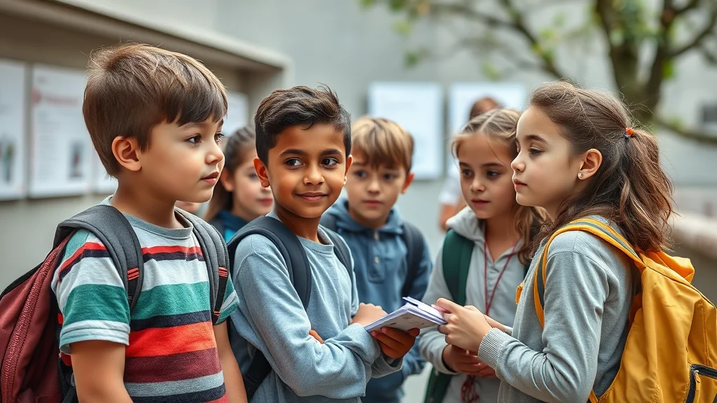 Gruppe Grundschüler mit Rucksäcken im Freien, rechts ein Mädchen mit gelbem Rucksack zeigt einen Notizblock.
