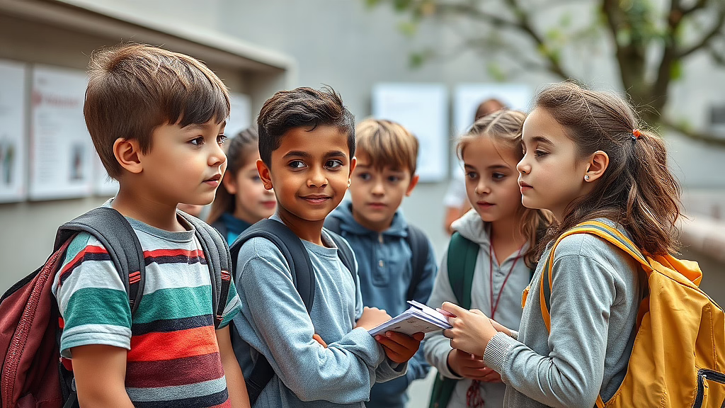 Gruppe Grundschüler mit Rucksäcken im Freien, rechts ein Mädchen mit gelbem Rucksack zeigt einen Notizblock.