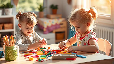 Zwei kleine Kinder basteln an einem hellen Tisch mit bunten Bausteinen; warmes Licht fällt durchs Fenster.