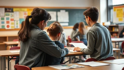 Lehrkraft umarmt ein Kind an einem Tisch, weitere Schüler arbeiten in einem Klassenraum; Lernmaterialien liegen bereit.