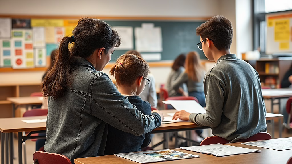 Lehrkraft umarmt ein Kind an einem Tisch, weitere Schüler arbeiten in einem Klassenraum; Lernmaterialien liegen bereit.