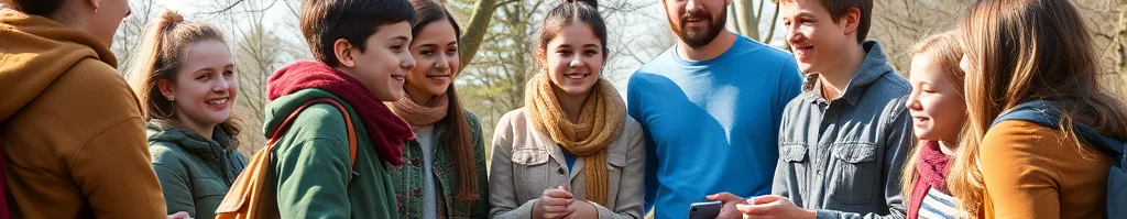 Lachende Gruppe Jugendlicher mit Rucksäcken und Schals unter Bäumen, blickt auf Smartphone.