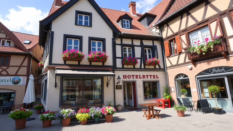 Malerische Fachwerkstraße mit Blumenkästen an Fenstern, Tischen im Freien und einem Hotel im Zentrum.