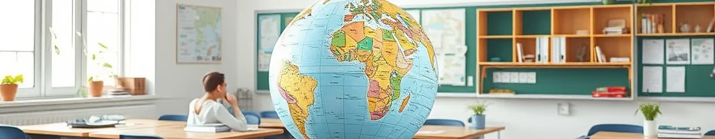 Globus im Zentrum eines Klassenzimmers, umgeben von Tischen, Stühlen, Bücherregalen, Uhr und Pflanzen.