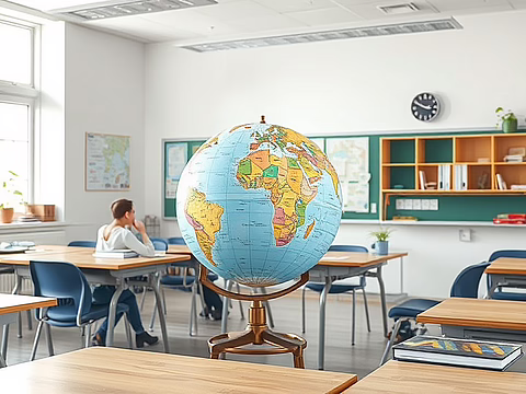 Globus im Zentrum eines Klassenzimmers, umgeben von Tischen, Stühlen, Bücherregalen, Uhr und Pflanzen.