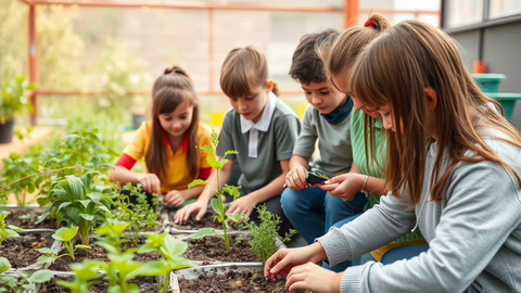 Eine Gruppe Kinder kniet neben einem Hochbeet und pflanzt Samen, pflegt junge Pflanzen im Garten.