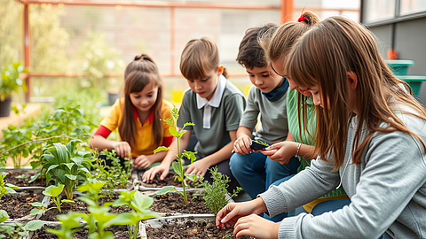 Eine Gruppe Kinder kniet neben einem Hochbeet und pflanzt Samen, pflegt junge Pflanzen im Garten.