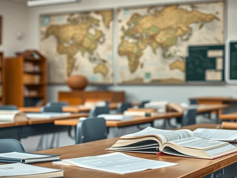 Klassenzimmer mit offenen Lehrbüchern auf Holztischen, Weltkarten an der Wand und Regalen im Hintergrund.