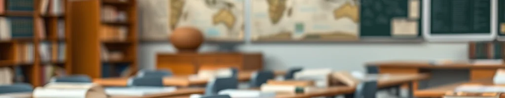Klassenzimmer mit offenen Lehrbüchern auf Holztischen, Weltkarten an der Wand und Regalen im Hintergrund.