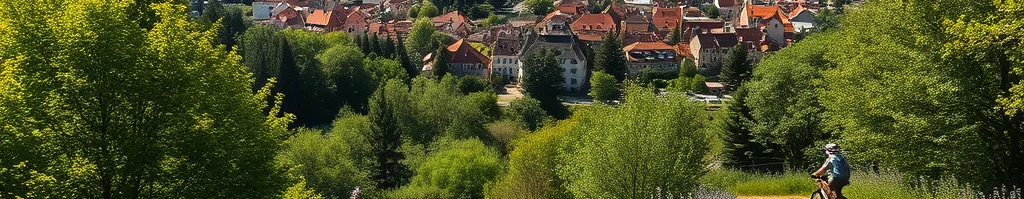 Landschaft mit Dorf im Tal, umgeben von Feldern und Wäldern; Radfahrer auf einem schmalen Schotterweg im Vordergrund.