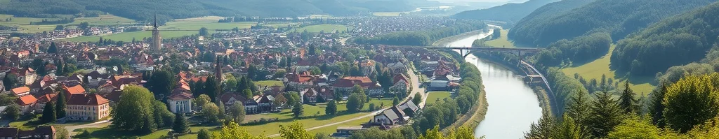 Panorama: Fluss fließt durch Dorf mit Kirchturm, Brücke und Hügeln; zwei Wanderer im Vordergrund.