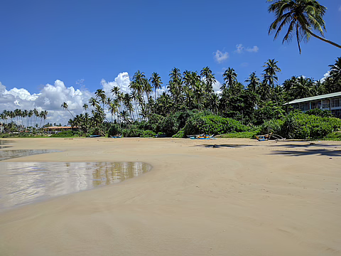 Bild: Sandstrand mit Palmen, Booten und einem Haus