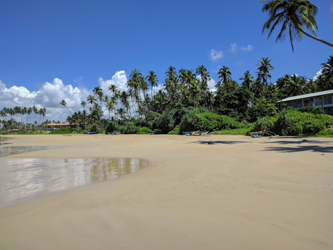 Bild: Sandstrand mit Palmen, Booten und einem Haus