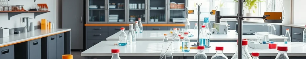 Heller Chemielaborraum mit weißen Arbeitsplatten, Glasflaschen mit blauer Flüssigkeit, Stativ, Regalen und großen Fenstern.