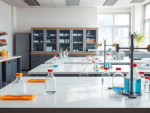 Heller Chemielaborraum mit weißen Arbeitsplatten, Glasflaschen mit blauer Flüssigkeit, Stativ, Regalen und großen Fenstern.