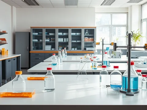 Heller Chemielaborraum mit weißen Arbeitsplatten, Glasflaschen mit blauer Flüssigkeit, Stativ, Regalen und großen Fenstern.