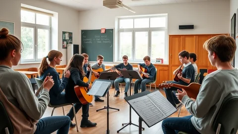 Schülerinnen und Schüler sitzen im Kreis in einem Klassenraum und spielen gemeinsam Gitarren; Notenblätter auf Ständern, Tafel im Hintergrund.