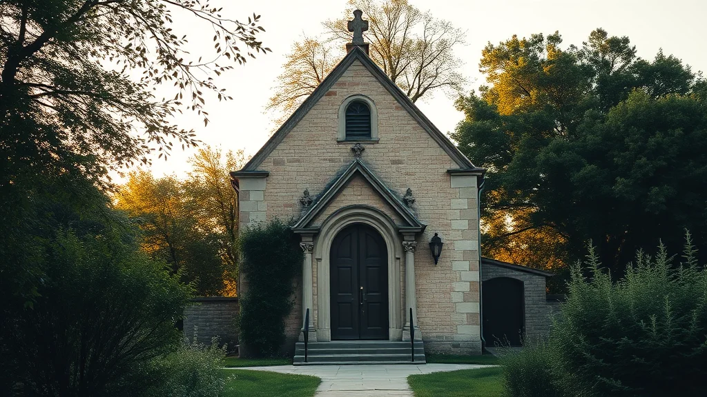 Kleine gotische Kapelle aus hellem Stein mit Spitzdach, Kreuz und Portal, umgeben von Herbstbäumen und Büschen.