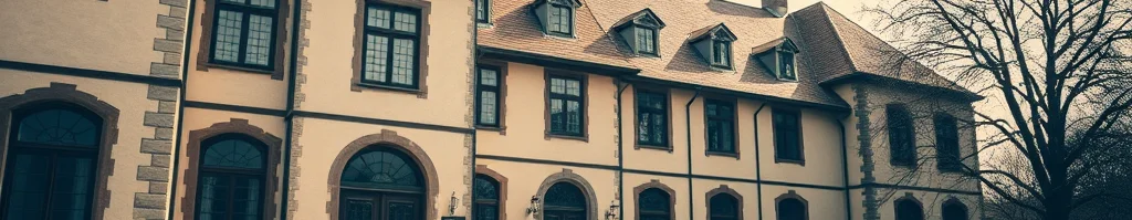 Altes Herrenhaus mit rotem Ziegeldach, Ecktürmen, Bogenfenstern und Treppe auf Pflasterhof mit kahlen Bäumen. Sepia-Ton.
