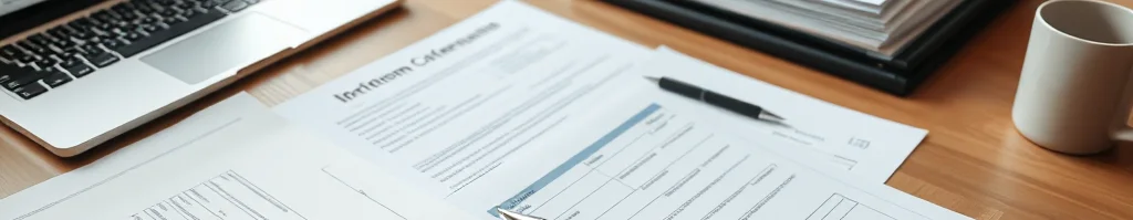 Arbeitsplatz mit Laptop, Papierstapeln, einzelnen Formularen, Stift, Smartphone und Kaffeetasse auf Holztisch.