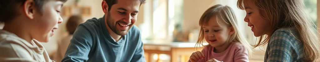 Familie am Holztisch in der hellen Küche: Vater und drei Kinder bereiten Obstsnacks zu.
