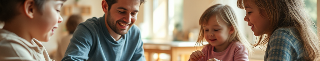Familie am Holztisch in der hellen Küche: Vater und drei Kinder bereiten Obstsnacks zu.