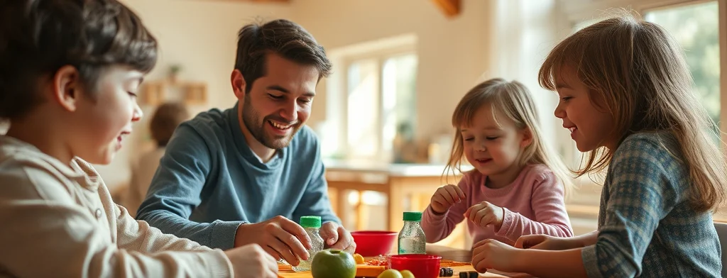 Familie am Holztisch in der hellen Küche: Vater und drei Kinder bereiten Obstsnacks zu.
