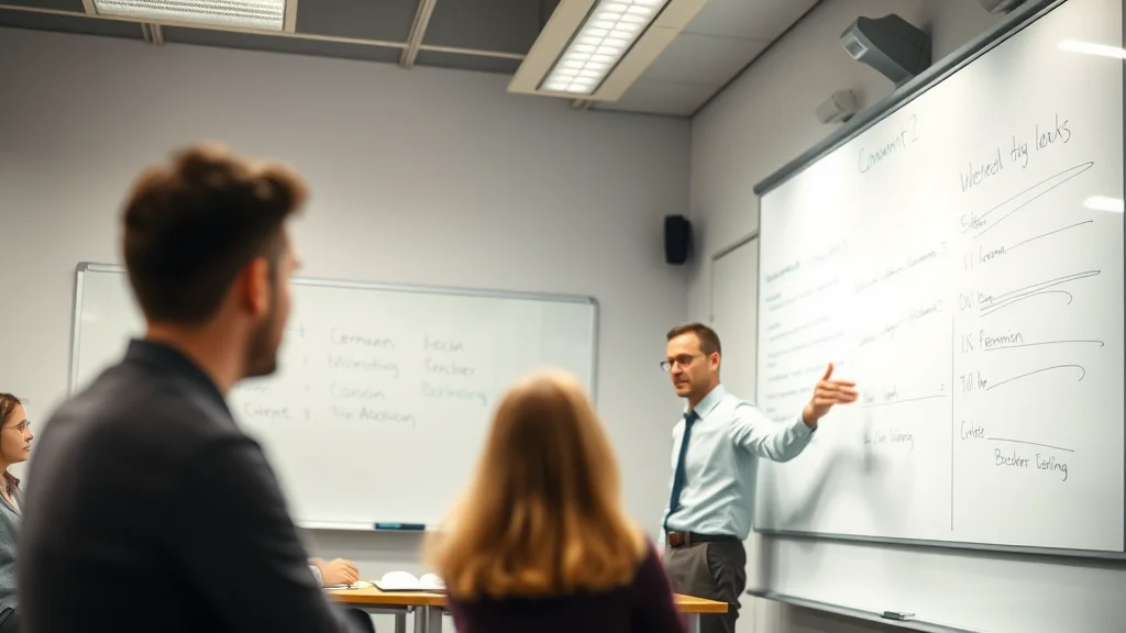 Lehrer mit Brille zeigt auf Whiteboard mit Notizen „Verknüpfungen“ und „Lehrer“, zwei Schüler sitzen davor.