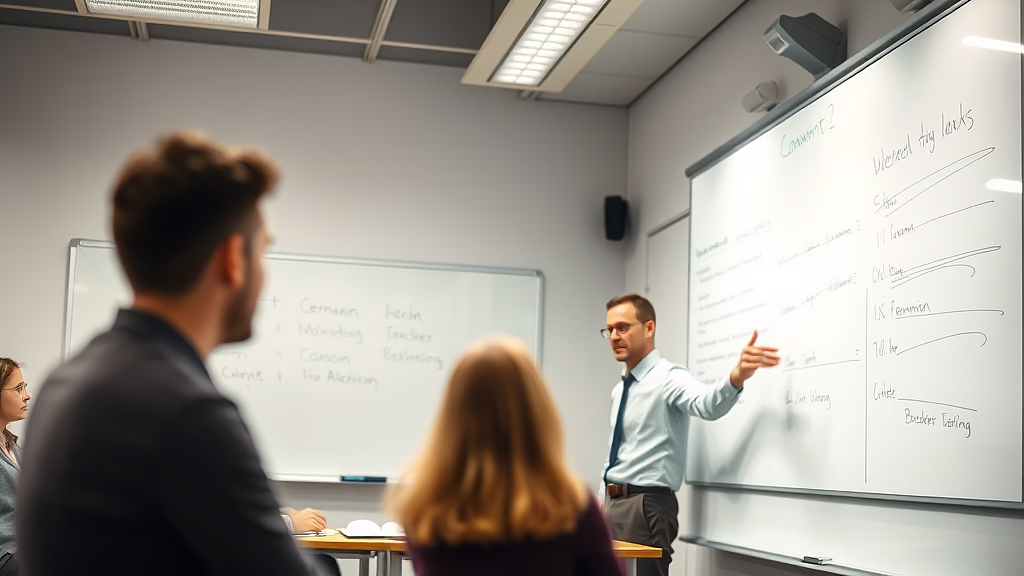 Lehrer mit Brille zeigt auf Whiteboard mit Notizen „Verknüpfungen“ und „Lehrer“, zwei Schüler sitzen davor.