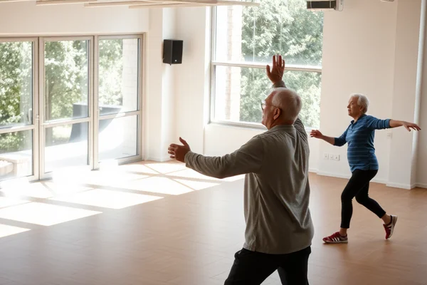 Zwei ältere Menschen machen Dehn- oder Tanzübungen in einem hellen Raum mit großen Fenstern.