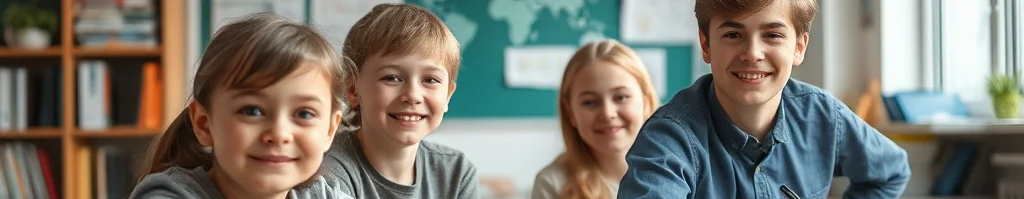 Vier lachende Schulkinder (zwei Jungen, zwei Mädchen) sitzen an Schreibtischen in einem hellen Klassenzimmer mit Weltkarte und Uhr.