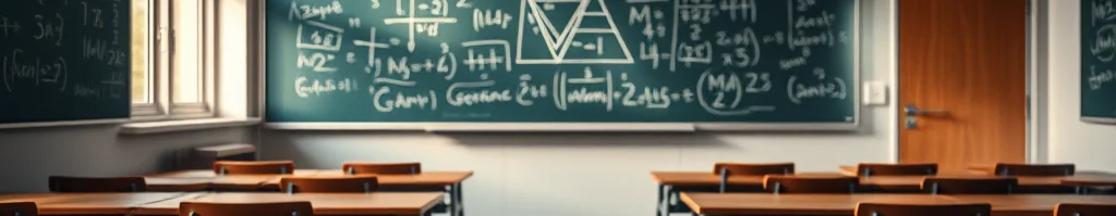 Leeres Klassenzimmer mit Holztischen und Stühlen, große Tafel mit Formeln vorne, Fenster links, Tür hinten rechts.