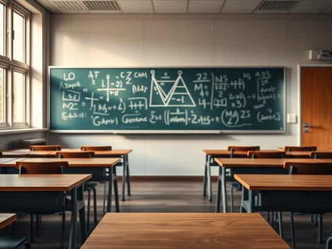 Klassenzimmer mit Holztischen und Stühlen; große Tafel mit Formeln, Fenster links, Tür hinten rechts.