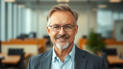 Lächelnder Mann mittleren Alters mit Brille und grauem Bart in einem Büro, Blazer und hellblauem Hemd.