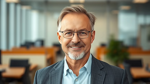 Lächelnder Mann mittleren Alters mit Brille und grauem Bart in einem Büro, Blazer und hellblauem Hemd.