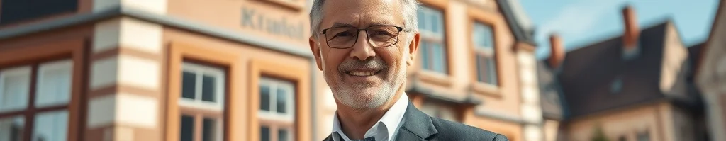 Fröhlich lächelnder älterer Mann im Anzug und Brille vor historischen Backsteinbauten einer Stadtstraße.