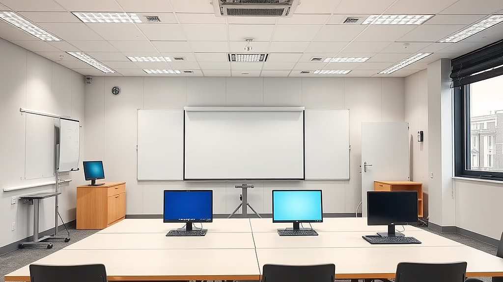 Klassenzimmer mit drei Computerarbeitsplätzen, Whiteboard an der Wand, Beamerleinwand, Tür und Fenster rechts.
